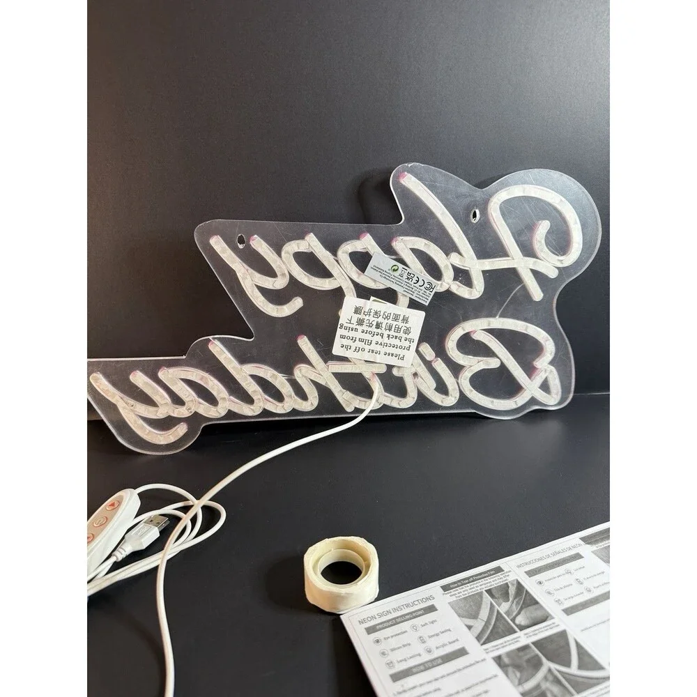 New/ Open Box Neon Pink “Happy Birthday” USB Light-up Sign by Neona Wall TESTED